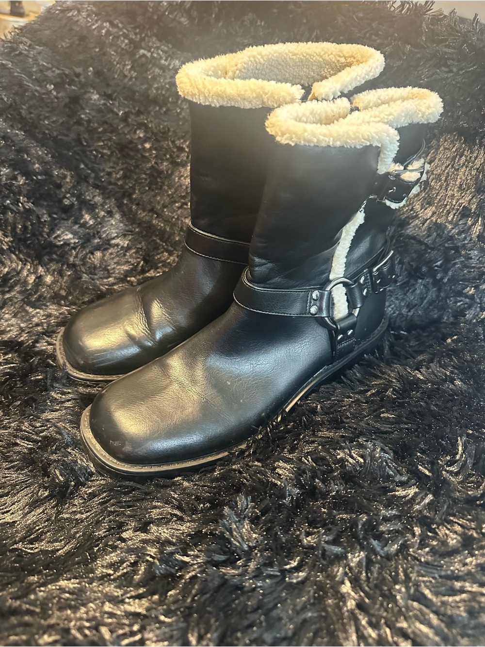 Falls Creek Black Leather Shearling-Trim Buckle Ankle Boots